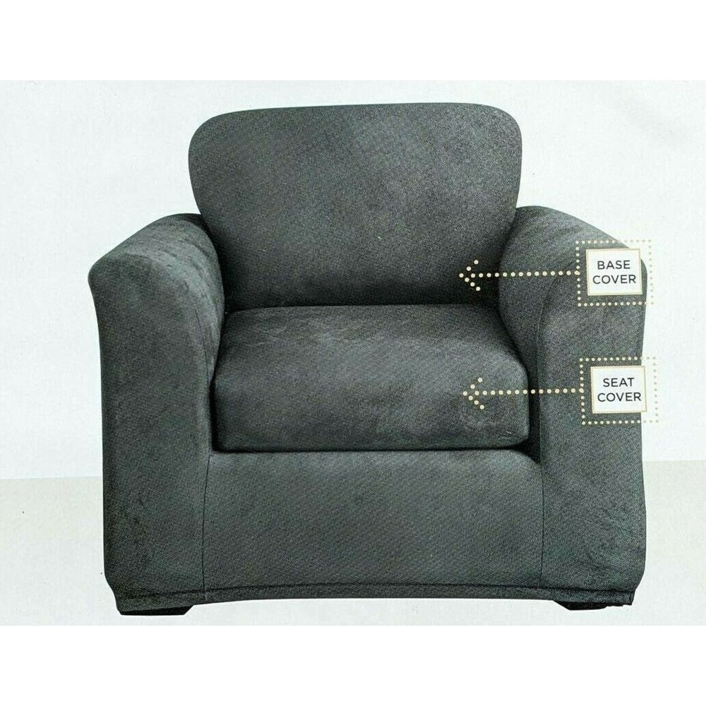 SureFit Stretch Vegan Suede Armchair Slipcover Carbon Gray 2pc Box Cushion NEW